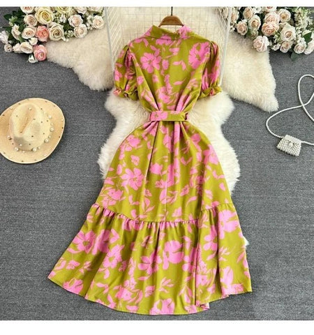 Retro Collar Slimming A - Line Print Midi Summer Vintage Dress - American Thistle Retro Collar Slimming A - Line Print Midi Summer Vintage Dress