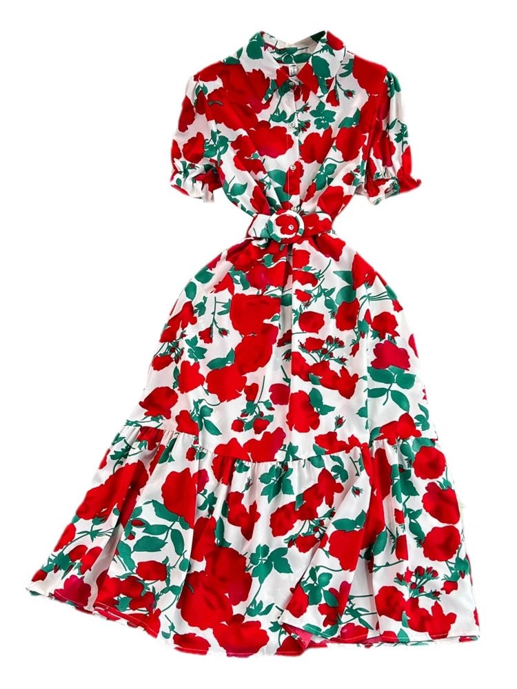 Retro Collar Slimming A - Line Print Midi Summer Vintage Dress - American Thistle Retro Collar Slimming A - Line Print Midi Summer Vintage Dress