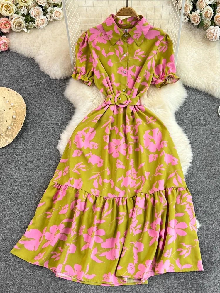 Retro Collar Slimming A - Line Print Midi Summer Vintage Dress - American Thistle Retro Collar Slimming A - Line Print Midi Summer Vintage Dress