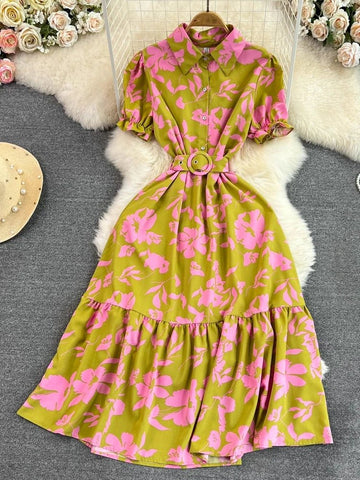 Retro Collar Slimming A - Line Print Midi Summer Vintage Dress - American Thistle Retro Collar Slimming A - Line Print Midi Summer Vintage Dress