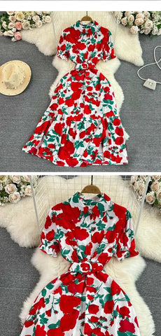 Retro Collar Slimming A - Line Print Midi Summer Vintage Dress - American Thistle Retro Collar Slimming A - Line Print Midi Summer Vintage Dress