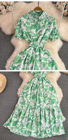 Retro Collar Slimming A - Line Print Midi Summer Vintage Dress - American Thistle Retro Collar Slimming A - Line Print Midi Summer Vintage Dress