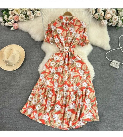 Retro Collar Slimming A - Line Print Midi Summer Vintage Dress - American Thistle Retro Collar Slimming A - Line Print Midi Summer Vintage Dress
