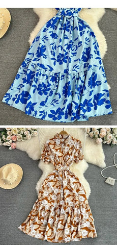 Retro Collar Slimming A - Line Print Midi Summer Vintage Dress - American Thistle Retro Collar Slimming A - Line Print Midi Summer Vintage Dress