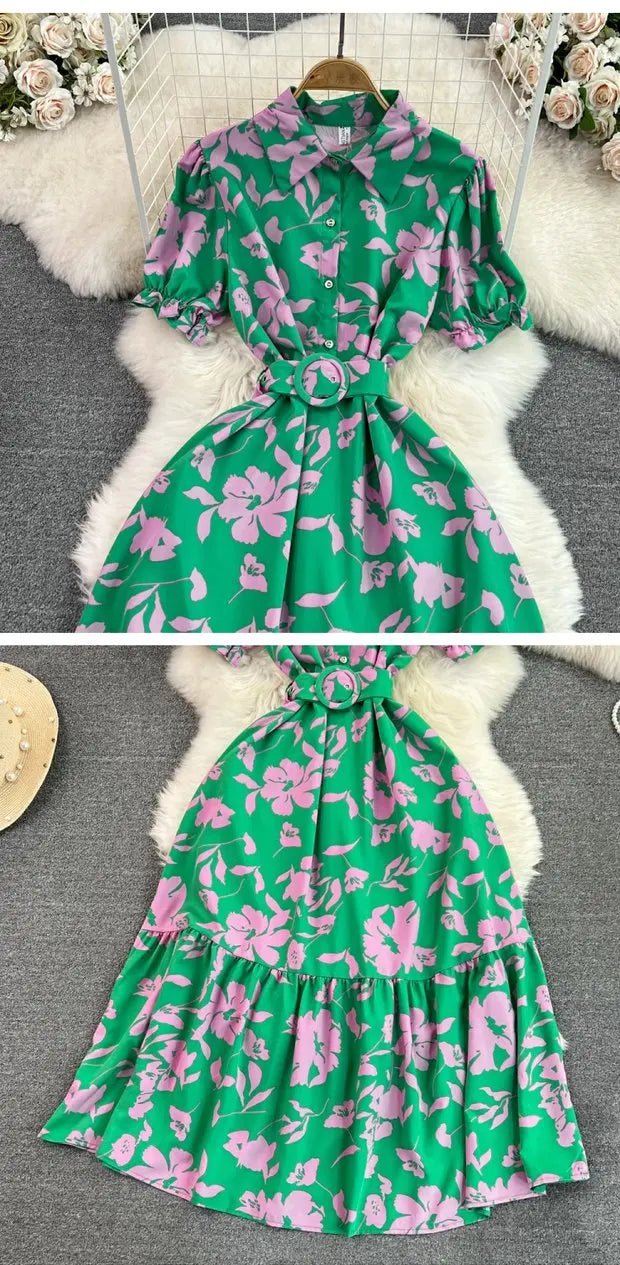 Retro Collar Slimming A - Line Print Midi Summer Vintage Dress - American Thistle Retro Collar Slimming A - Line Print Midi Summer Vintage Dress