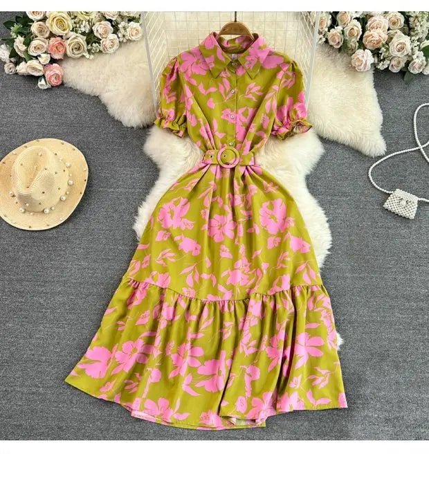 Retro Collar Slimming A - Line Print Midi Summer Vintage Dress - American Thistle Retro Collar Slimming A - Line Print Midi Summer Vintage Dress