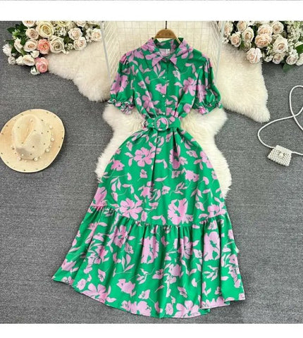 Retro Collar Slimming A - Line Print Midi Summer Vintage Dress - American Thistle Retro Collar Slimming A - Line Print Midi Summer Vintage Dress