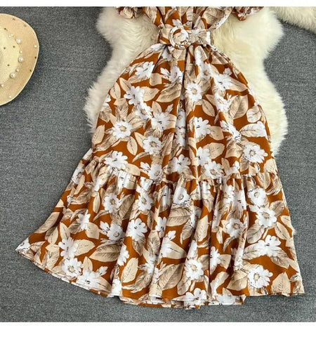 Retro Collar Slimming A - Line Print Midi Summer Vintage Dress - American Thistle Retro Collar Slimming A - Line Print Midi Summer Vintage Dress