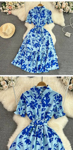 Retro Collar Slimming A - Line Print Midi Summer Vintage Dress - American Thistle Retro Collar Slimming A - Line Print Midi Summer Vintage Dress