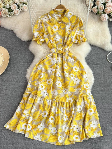 Retro Collar Slimming A - Line Print Midi Summer Vintage Dress - American Thistle Retro Collar Slimming A - Line Print Midi Summer Vintage Dress