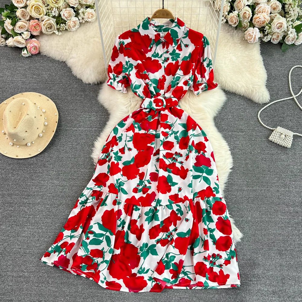 Retro Collar Slimming A - Line Print Midi Summer Vintage Dress - American Thistle Retro Collar Slimming A - Line Print Midi Summer Vintage Dress