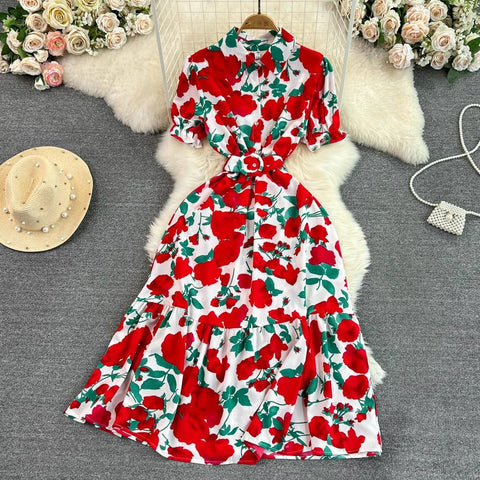 Retro Collar Slimming A - Line Print Midi Summer Vintage Dress - American Thistle Retro Collar Slimming A - Line Print Midi Summer Vintage Dress
