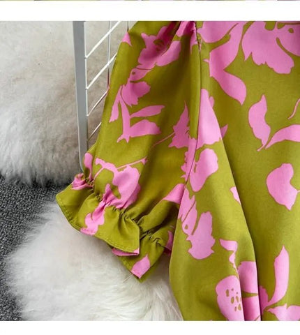 Retro Collar Slimming A - Line Print Midi Summer Vintage Dress - American Thistle Retro Collar Slimming A - Line Print Midi Summer Vintage Dress