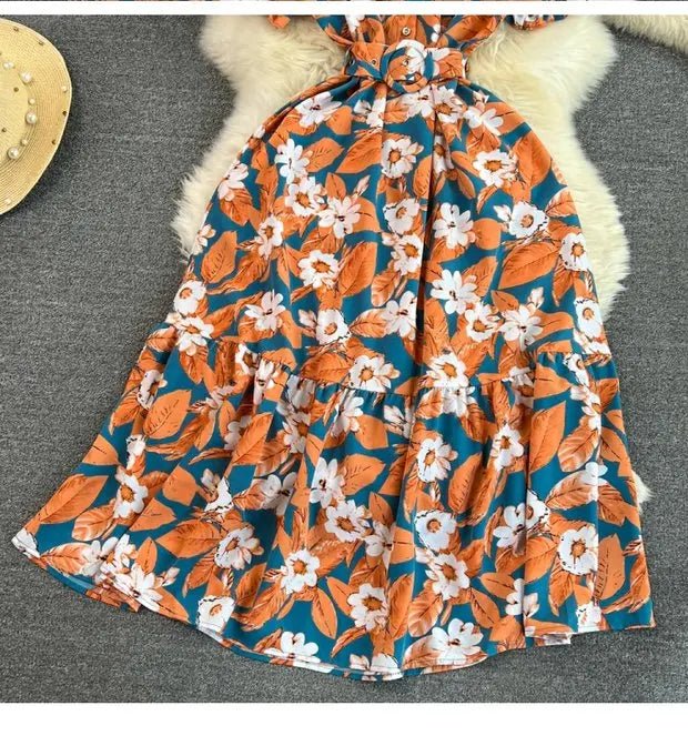 Retro Collar Slimming A - Line Print Midi Summer Vintage Dress - American Thistle Retro Collar Slimming A - Line Print Midi Summer Vintage Dress