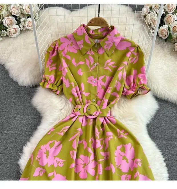 Retro Collar Slimming A - Line Print Midi Summer Vintage Dress - American Thistle Retro Collar Slimming A - Line Print Midi Summer Vintage Dress