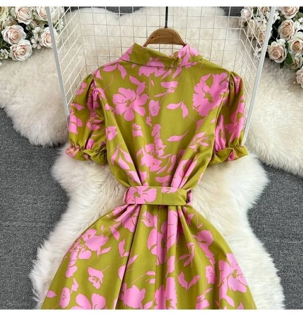 Retro Collar Slimming A - Line Print Midi Summer Vintage Dress - American Thistle Retro Collar Slimming A - Line Print Midi Summer Vintage Dress