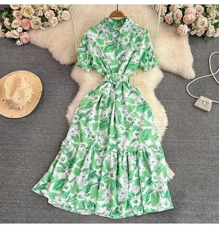 Retro Collar Slimming A - Line Print Midi Summer Vintage Dress - American Thistle Retro Collar Slimming A - Line Print Midi Summer Vintage Dress