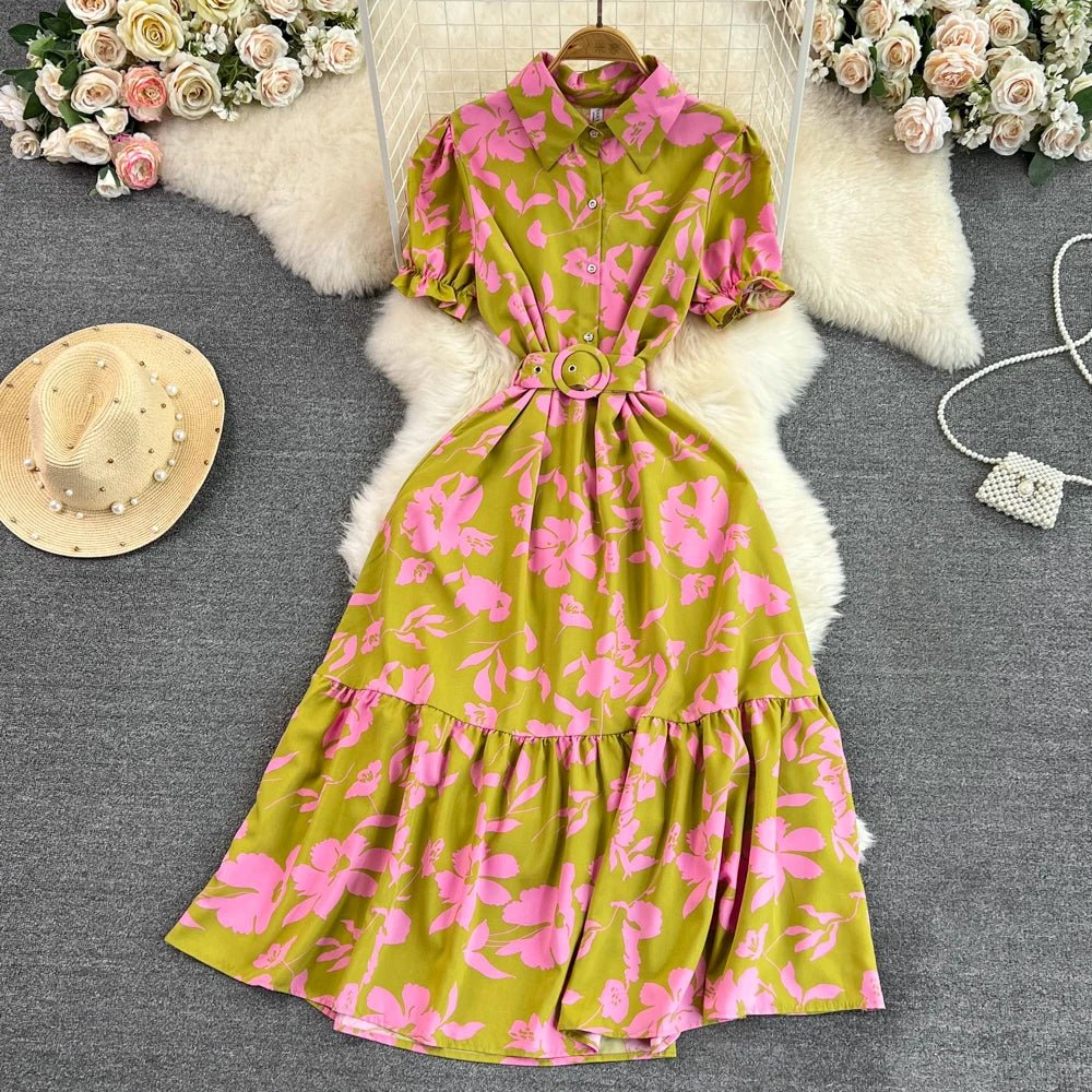 Retro Collar Slimming A - Line Print Midi Summer Vintage Dress - American Thistle Retro Collar Slimming A - Line Print Midi Summer Vintage Dress