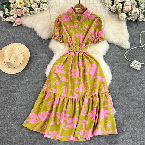 Retro Collar Slimming A - Line Print Midi Summer Vintage Dress - American Thistle Retro Collar Slimming A - Line Print Midi Summer Vintage Dress