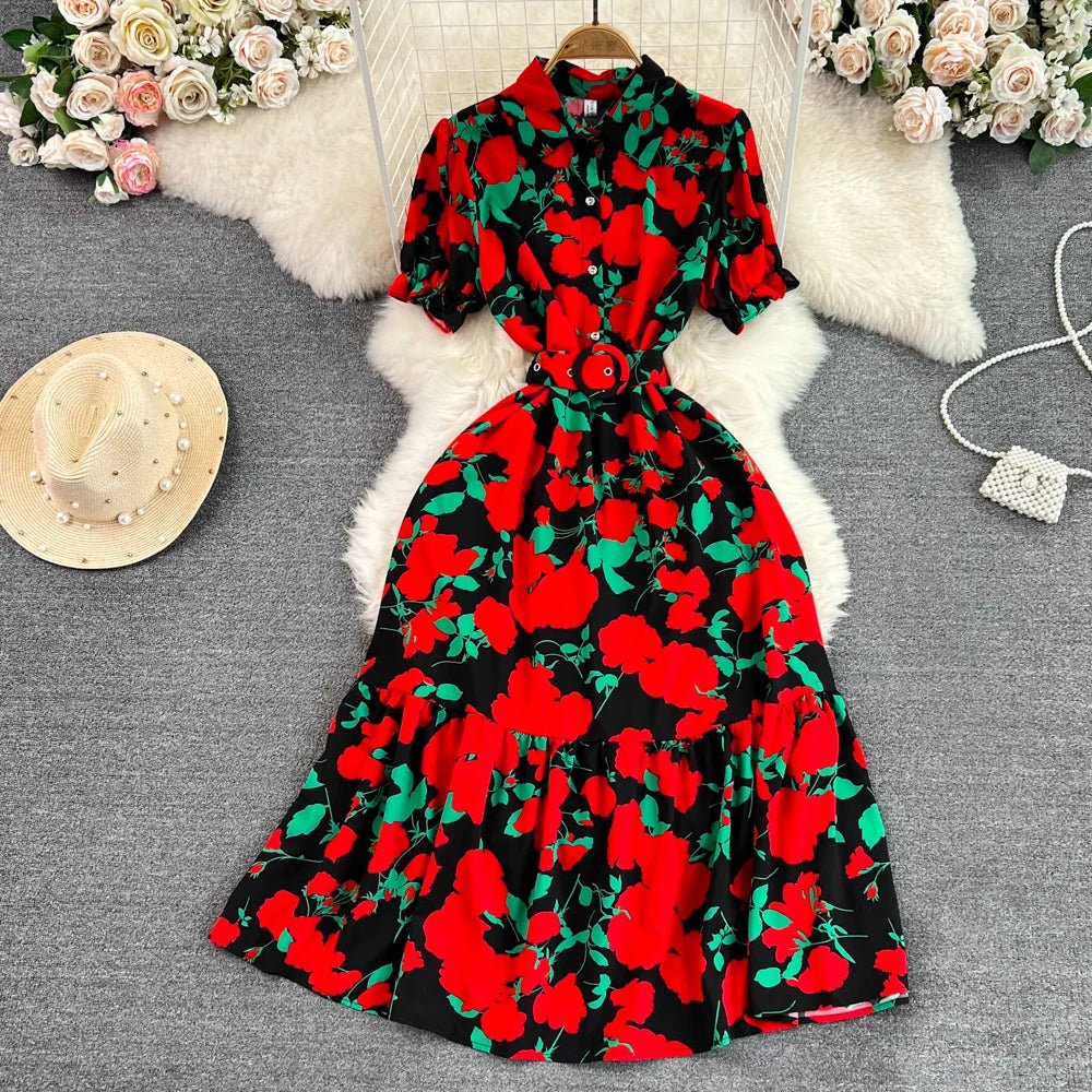 Retro Collar Slimming A - Line Print Midi Summer Vintage Dress - American Thistle Retro Collar Slimming A - Line Print Midi Summer Vintage Dress