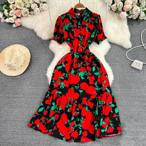 Retro Collar Slimming A - Line Print Midi Summer Vintage Dress - American Thistle Retro Collar Slimming A - Line Print Midi Summer Vintage Dress
