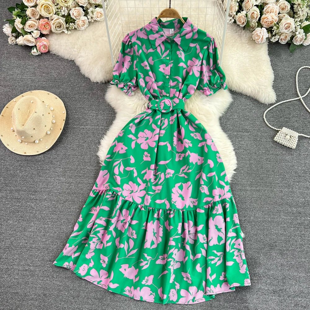 Retro Collar Slimming A - Line Print Midi Summer Vintage Dress - American Thistle Retro Collar Slimming A - Line Print Midi Summer Vintage Dress