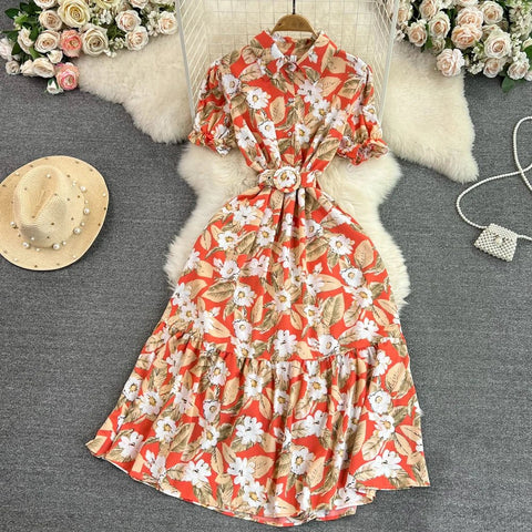 Retro Collar Slimming A - Line Print Midi Summer Vintage Dress - American Thistle Retro Collar Slimming A - Line Print Midi Summer Vintage Dress