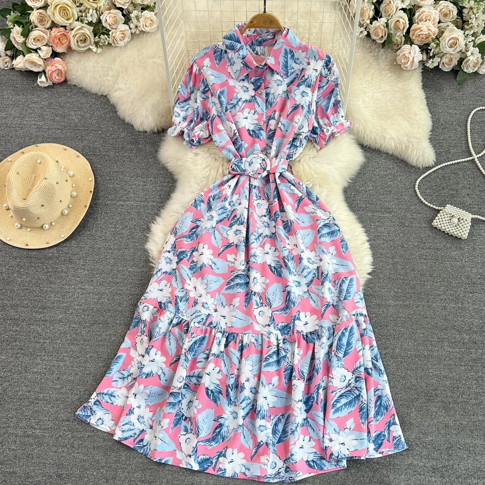 Retro Collar Slimming A - Line Print Midi Summer Vintage Dress - American Thistle Retro Collar Slimming A - Line Print Midi Summer Vintage Dress