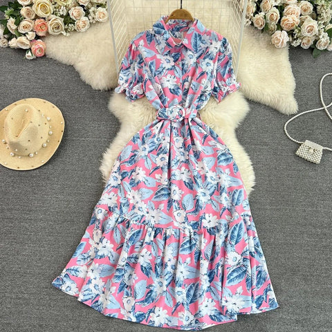 Retro Collar Slimming A - Line Print Midi Summer Vintage Dress - American Thistle Retro Collar Slimming A - Line Print Midi Summer Vintage Dress