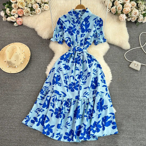 Retro Collar Slimming A - Line Print Midi Summer Vintage Dress - American Thistle Retro Collar Slimming A - Line Print Midi Summer Vintage Dress