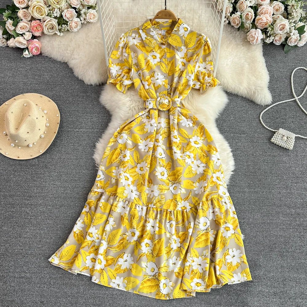 Retro Collar Slimming A - Line Print Midi Summer Vintage Dress - American Thistle Retro Collar Slimming A - Line Print Midi Summer Vintage Dress