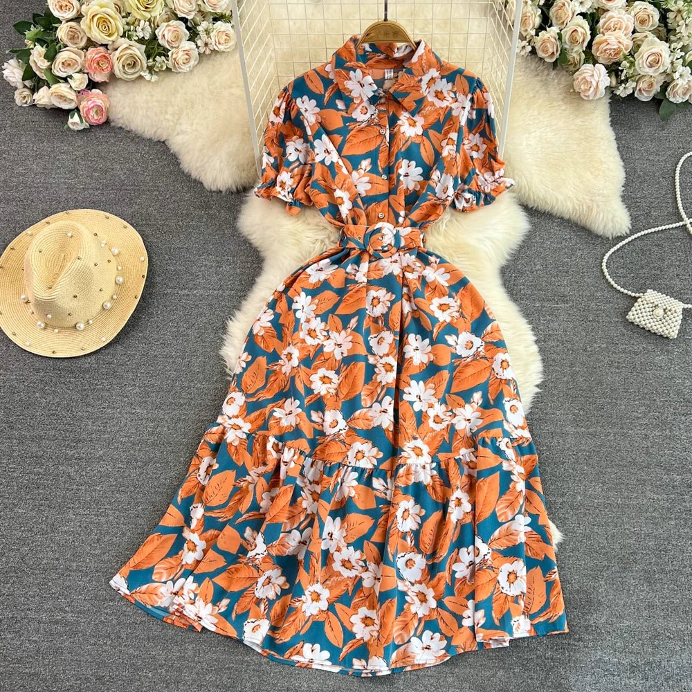 Retro Collar Slimming A - Line Print Midi Summer Vintage Dress - American Thistle Retro Collar Slimming A - Line Print Midi Summer Vintage Dress