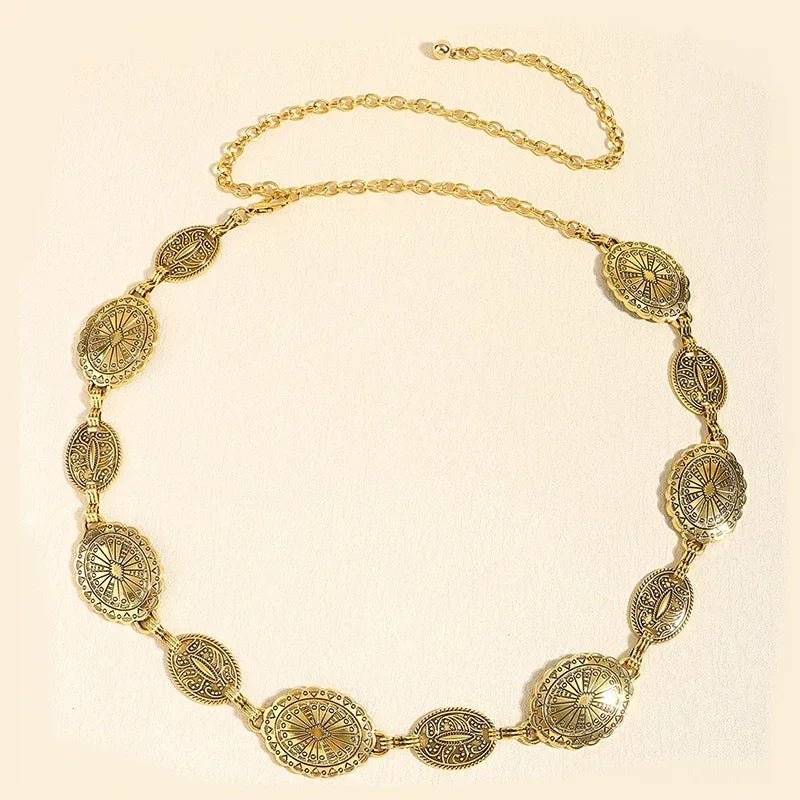 Retro style women's metal waist chain accessories Decorative circle carved chain belt high style accessories - American ThistleRetro style women's metal waist chain accessories Decorative circle carved chain belt high style accessories