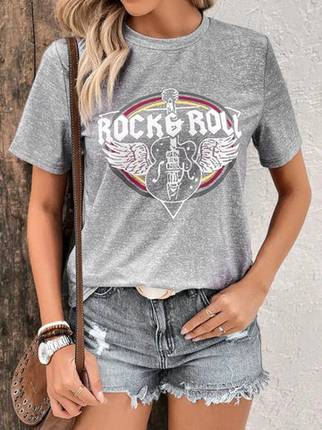 Rock Roll Letter Cheerful Guitar Graphic T Shirts - American Thistle Rock Roll Letter Cheerful Guitar Graphic T Shirts
