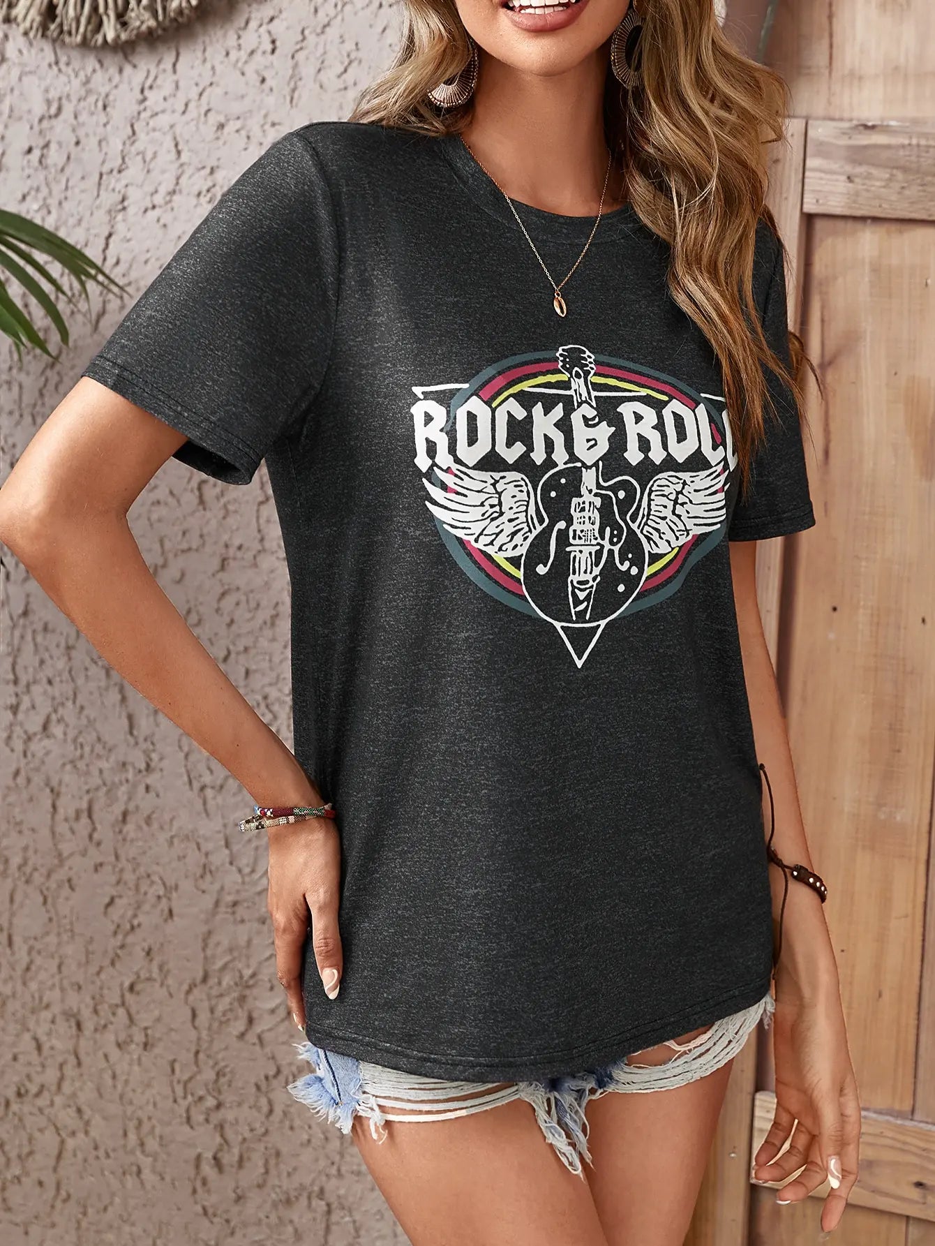Rock Roll Letter Cheerful Guitar Graphic T Shirts - American Thistle Rock Roll Letter Cheerful Guitar Graphic T Shirts