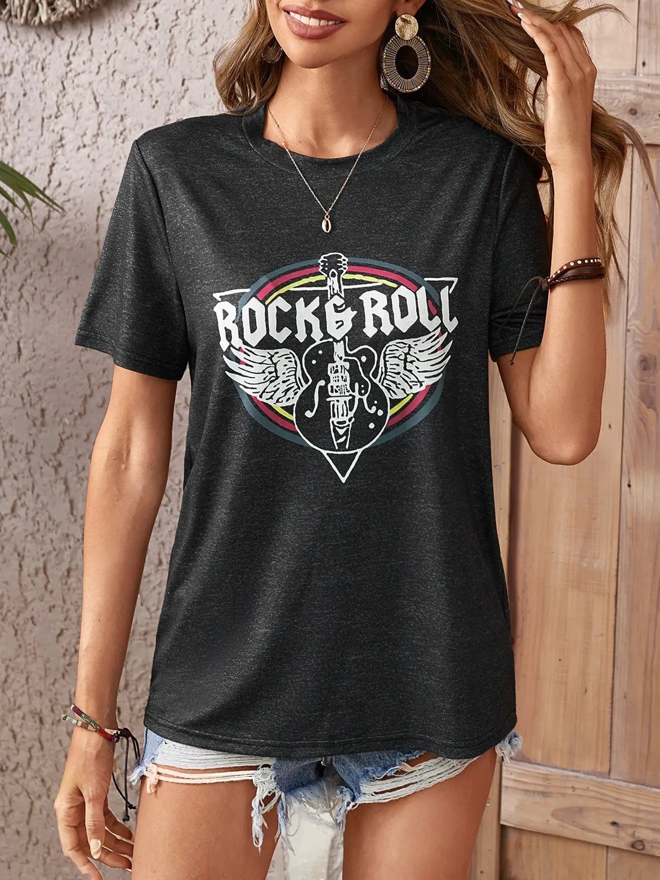Rock Roll Letter Cheerful Guitar Graphic T Shirts - American Thistle Rock Roll Letter Cheerful Guitar Graphic T Shirts