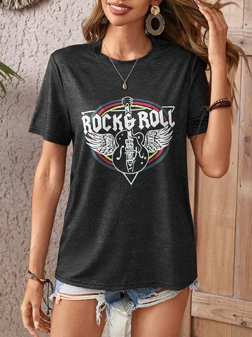 Rock Roll Letter Cheerful Guitar Graphic T Shirts - American Thistle Rock Roll Letter Cheerful Guitar Graphic T Shirts