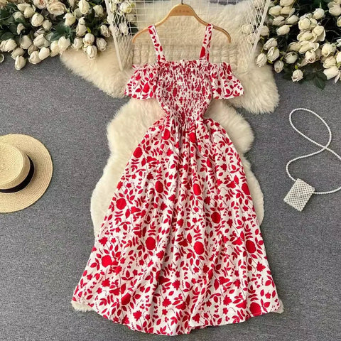 Romantic Off the Shoulders Floral Print Long Summer Beach Dress Women Fashion - American Thistle Romantic Off the Shoulders Floral Print Long Summer Beach Dress Women Fashion