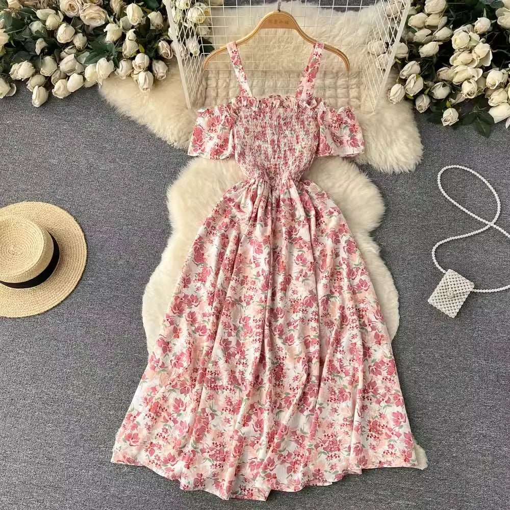 Romantic Off the Shoulders Floral Print Long Summer Beach Dress Women Fashion - American Thistle Romantic Off the Shoulders Floral Print Long Summer Beach Dress Women Fashion