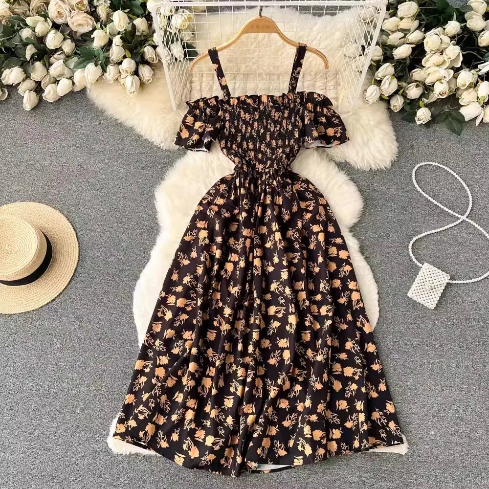 Romantic Off the Shoulders Floral Print Long Summer Beach Dress Women Fashion - American Thistle Romantic Off the Shoulders Floral Print Long Summer Beach Dress Women Fashion
