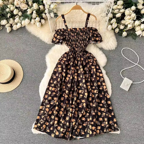 Romantic Off the Shoulders Floral Print Long Summer Beach Dress Women Fashion - American Thistle Romantic Off the Shoulders Floral Print Long Summer Beach Dress Women Fashion