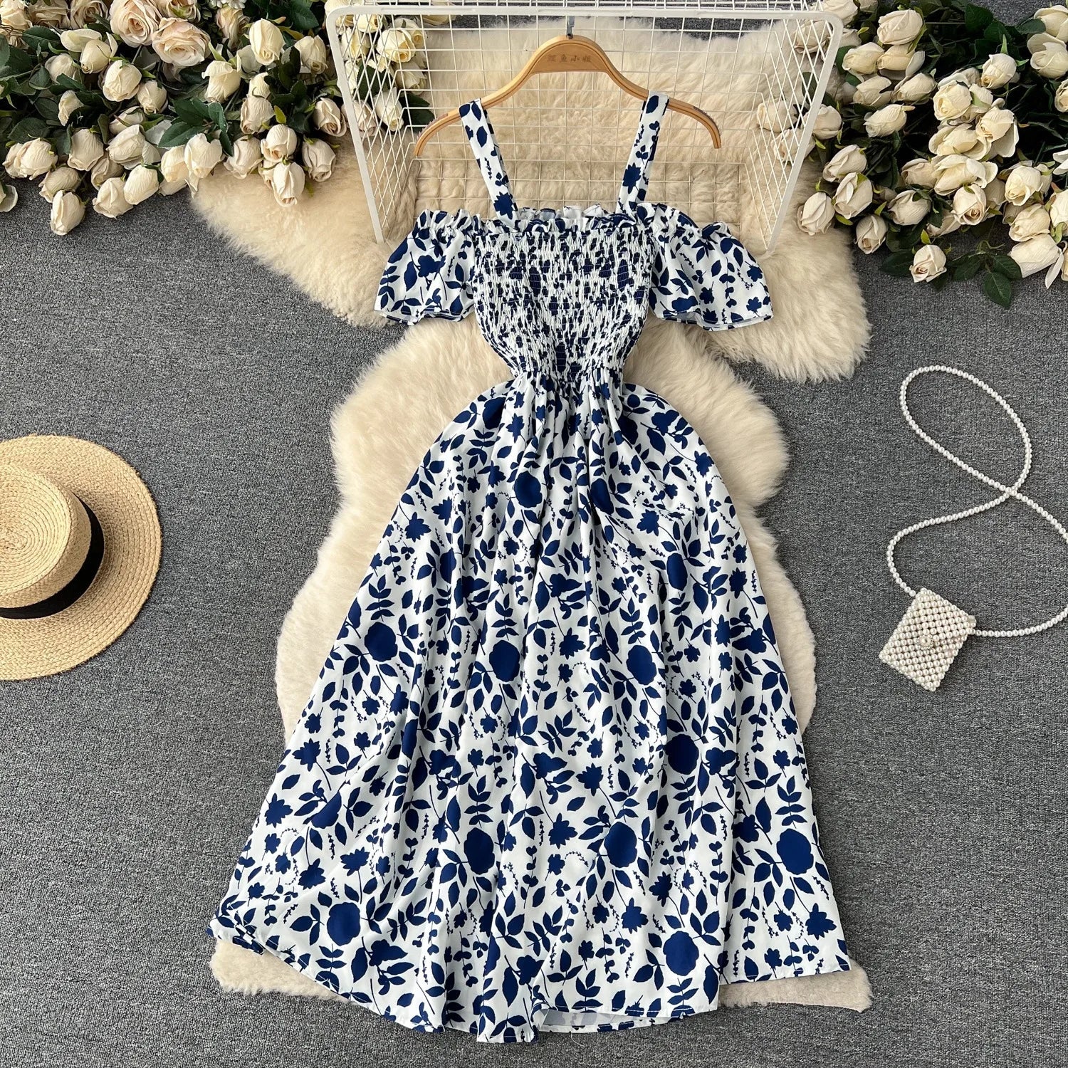 Romantic Off the Shoulders Floral Print Long Summer Beach Dress Women Fashion - American Thistle Romantic Off the Shoulders Floral Print Long Summer Beach Dress Women Fashion