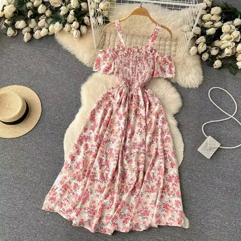 Romantic Off the Shoulders Floral Print Long Summer Beach Dress Women Fashion - American Thistle Romantic Off the Shoulders Floral Print Long Summer Beach Dress Women Fashion