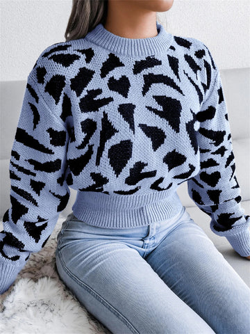 Round Neck Leopard Pattern Knitted Pullover Sweater Long Sleeve Top - American Thistle Round Neck Leopard Pattern Knitted Pullover Sweater Long Sleeve Top