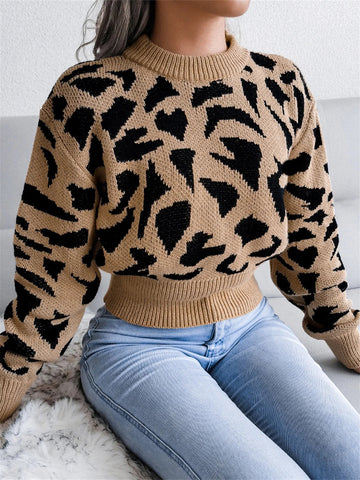 Round Neck Leopard Pattern Knitted Pullover Sweater Long Sleeve Top - American Thistle Round Neck Leopard Pattern Knitted Pullover Sweater Long Sleeve Top