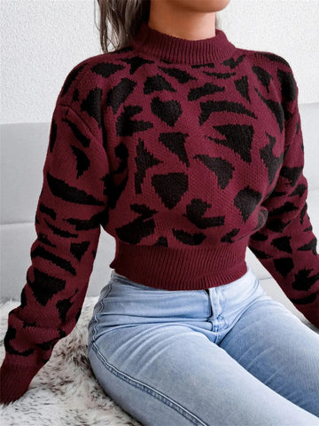 Round Neck Leopard Pattern Knitted Pullover Sweater Long Sleeve Top - American Thistle Round Neck Leopard Pattern Knitted Pullover Sweater Long Sleeve Top