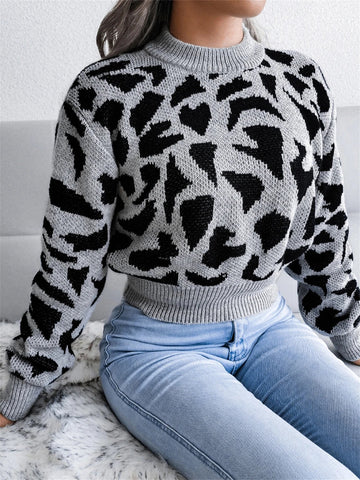 Round Neck Leopard Pattern Knitted Pullover Sweater Long Sleeve Top - American Thistle Round Neck Leopard Pattern Knitted Pullover Sweater Long Sleeve Top