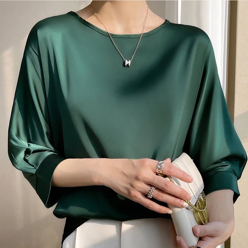 Satin Silk Half - Sleeve Solid Women‘s Loose Blouse - American Thistle Satin Silk Half - Sleeve Solid Women‘s Loose Blouse