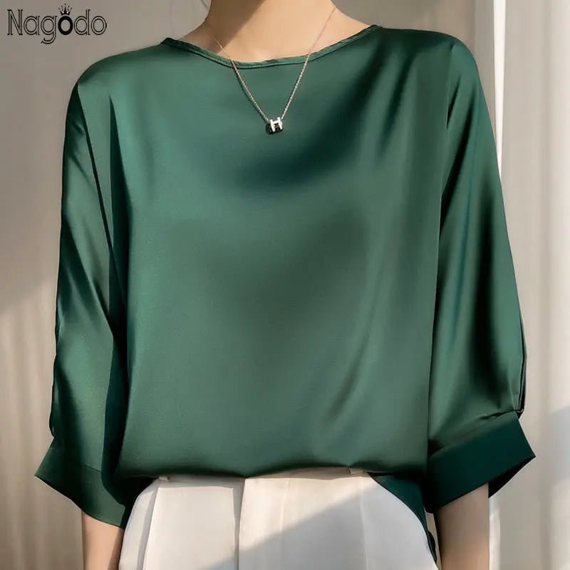 Satin Silk Half - Sleeve Solid Women‘s Loose Blouse - American Thistle Satin Silk Half - Sleeve Solid Women‘s Loose Blouse