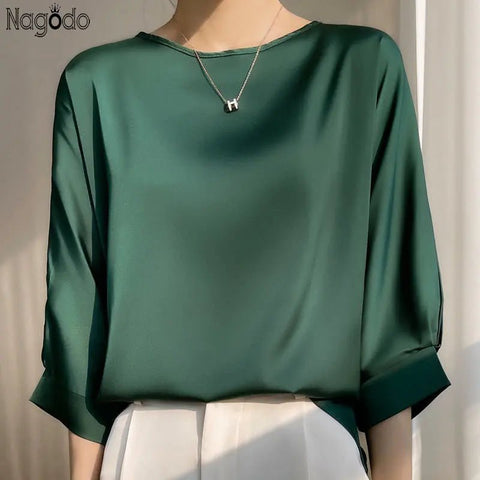 Satin Silk Half - Sleeve Solid Women‘s Loose Blouse - American Thistle Satin Silk Half - Sleeve Solid Women‘s Loose Blouse